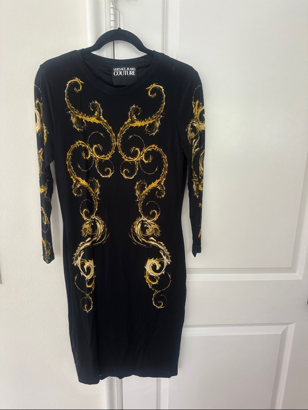 Versace Jeans Couture Black Long-Sleeve Dress with Gold Baroque Swirls